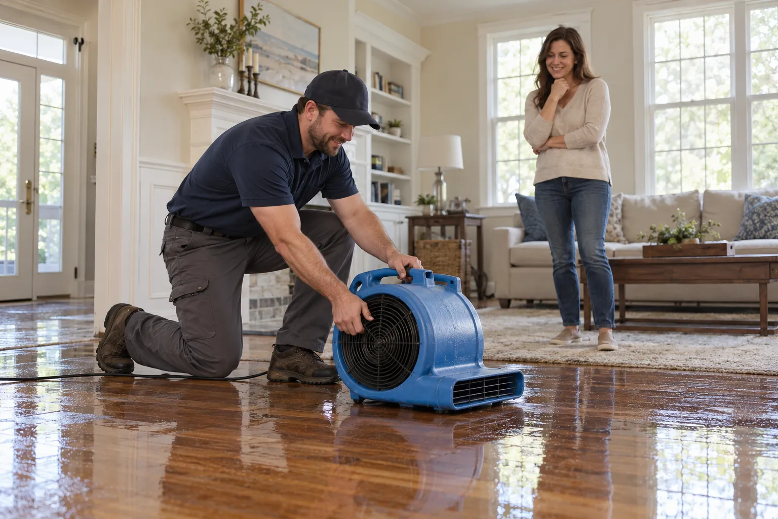 Water damage restoration technician drying a flooded living room in Richmond